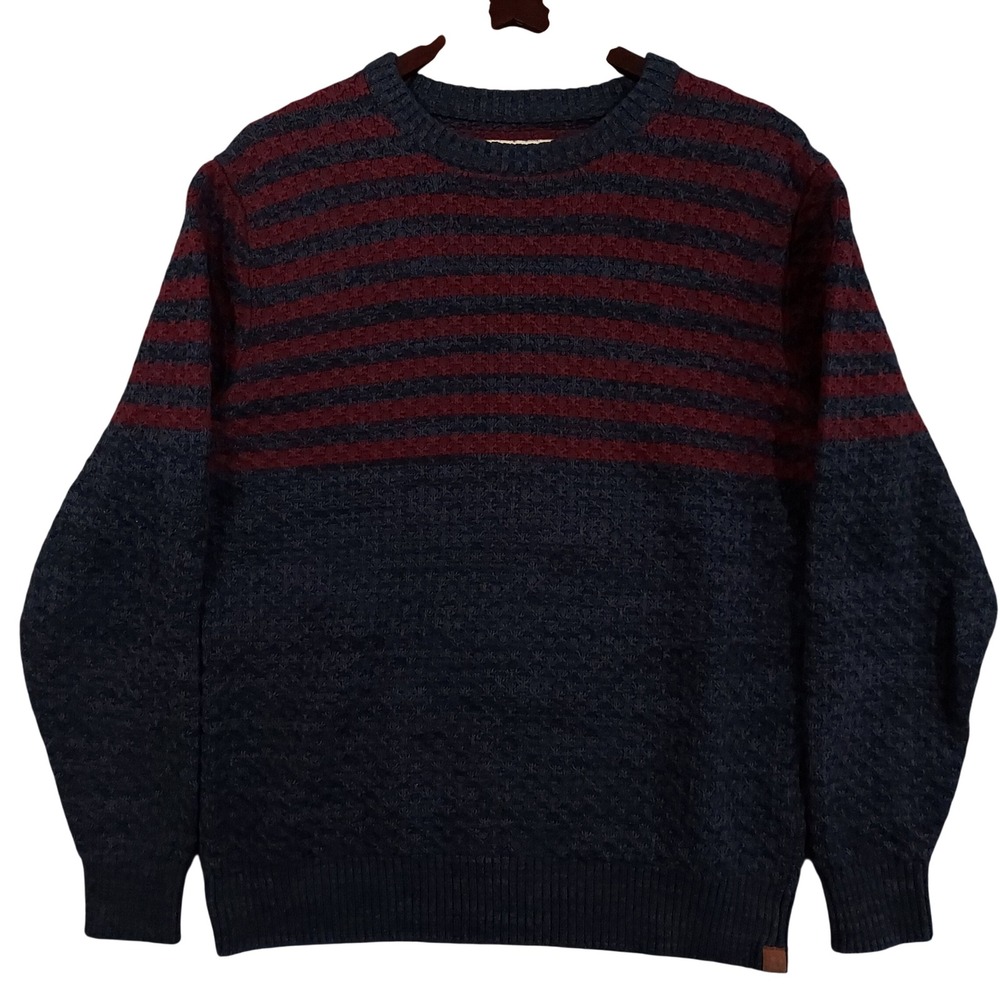 The Normal Brand Sweater Men Large Navy Blue Burgundy Striped Textured Cotton